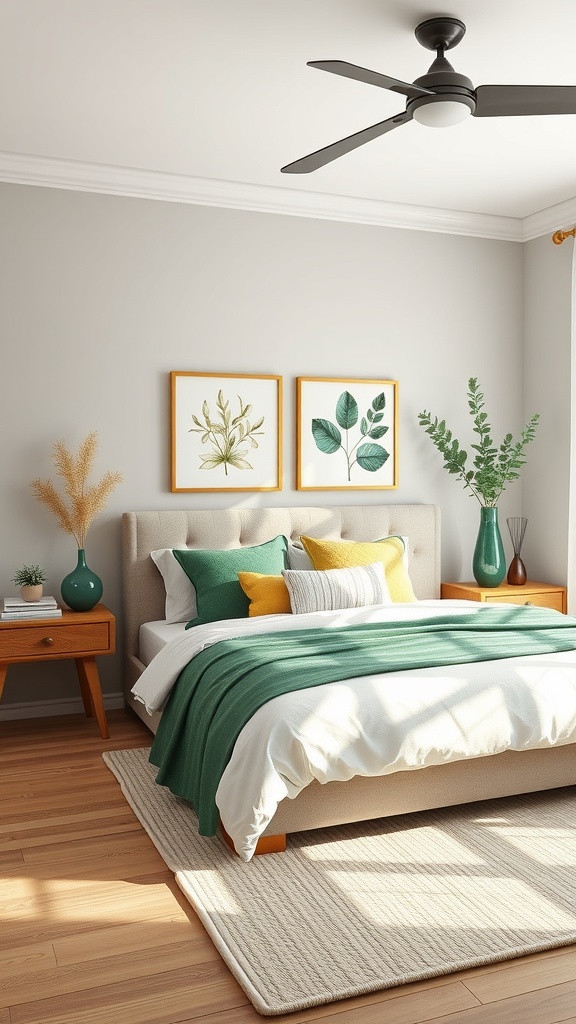 A cozy bedroom featuring green accessories, including a green throw, cushions, and vases, with botanical art on the walls.