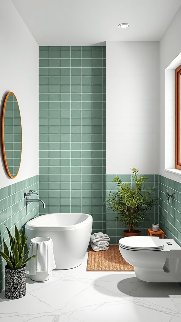 A modern bathroom featuring green and white tiles, a bathtub, and plants.