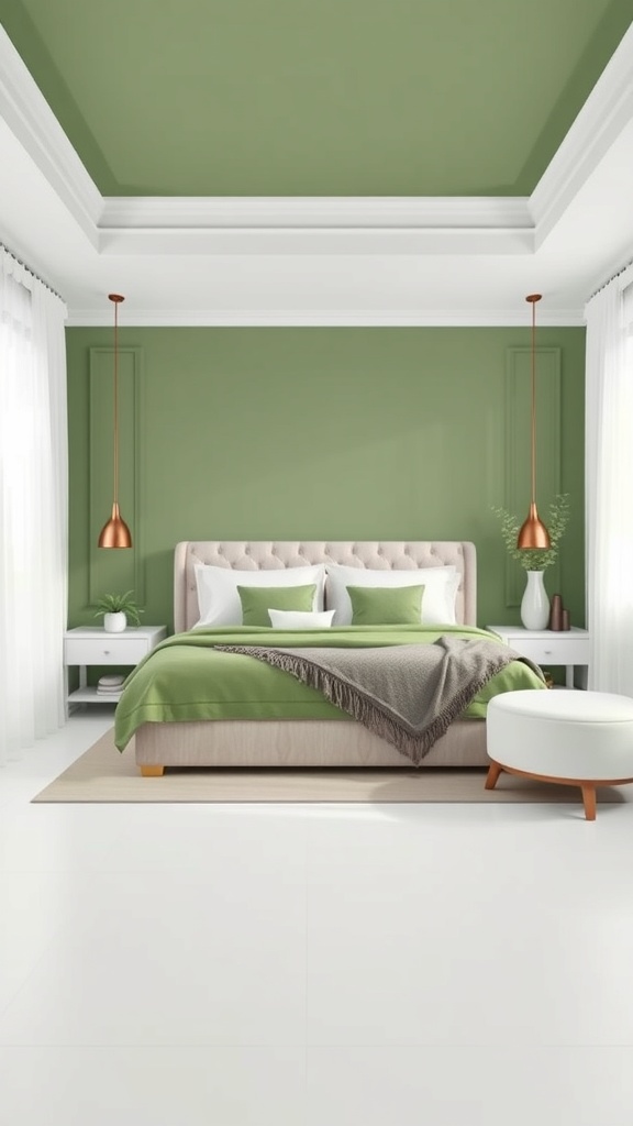A modern bedroom featuring green walls, white ceiling, and stylish decor.
