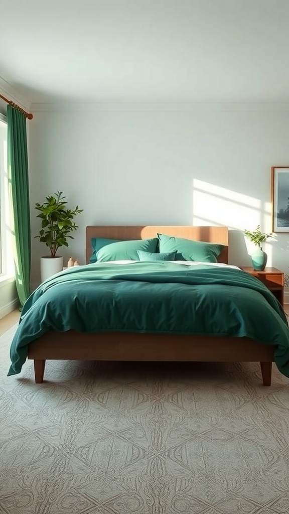 A cozy bedroom featuring deep green bedding, a wooden bed frame, and a potted plant by the window.