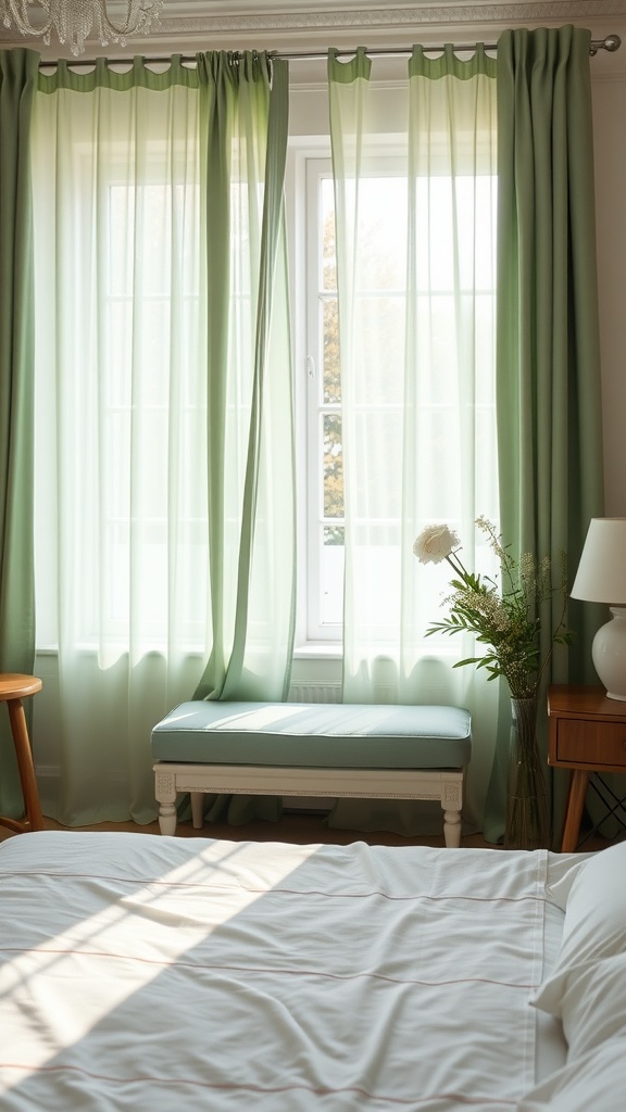 A bright bedroom with green curtains, a light bench, and wooden furniture, creating a soft and inviting atmosphere.