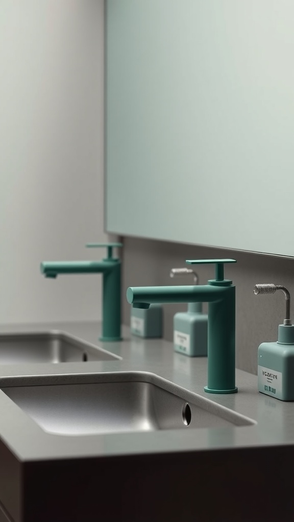 A modern bathroom sink with teal-green faucets and a gray countertop.