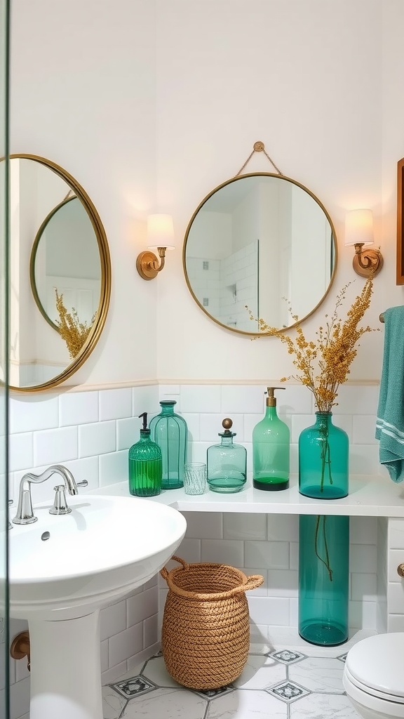 A stylish bathroom with green glass accents, featuring round mirrors, a clean sink, and decorative vases.