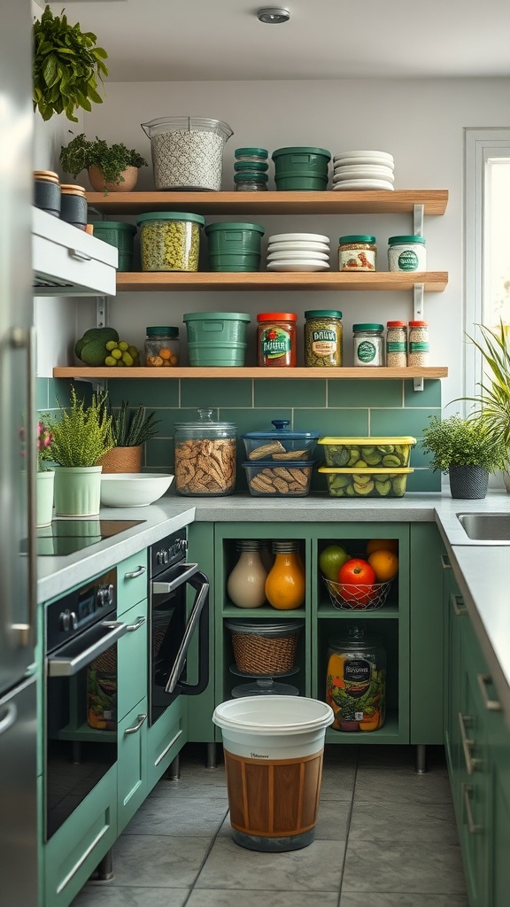 A green kitchen with organized shelves, filled with storage containers, plants, and fresh produce.
