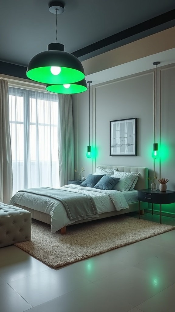 A modern bedroom with green lighting fixtures, featuring a large green pendant light and smaller green lights by the bed.