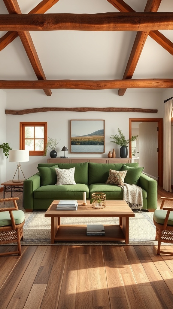A rustic living room featuring a green sofa, wooden beams, and a cozy atmosphere.