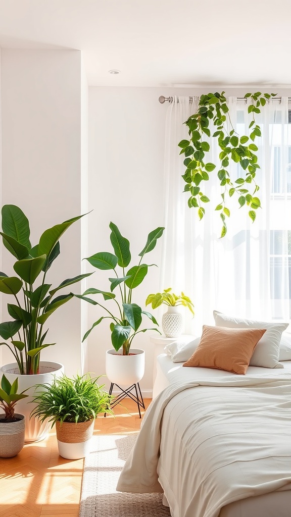 A bright bedroom with white walls and beige bedding, featuring various green plants in stylish pots.