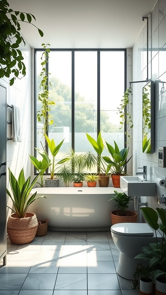 A modern bathroom filled with various plants, showcasing large windows that let in natural light.