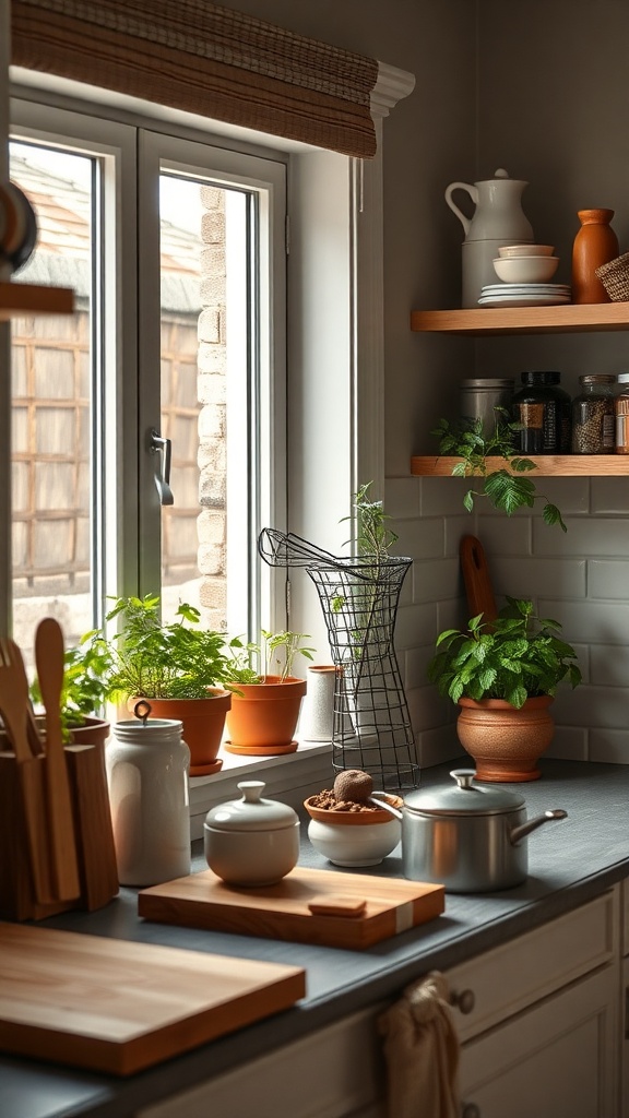 A cozy kitchen with potted herbs by the window, wooden utensils, and a modern design.