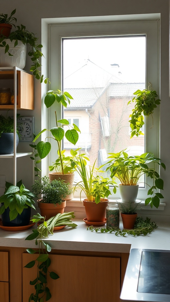 A bright kitchen window adorned with various indoor plants, showcasing greenery and herbs in pots.