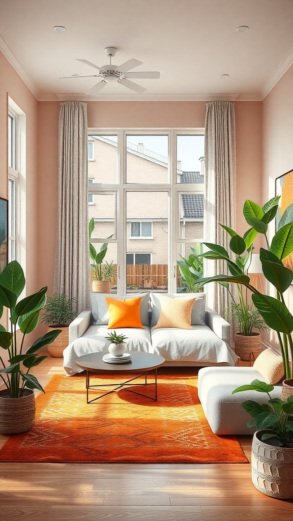 A cozy living room with large plants acting as dividers, featuring a bright orange rug and cushions.