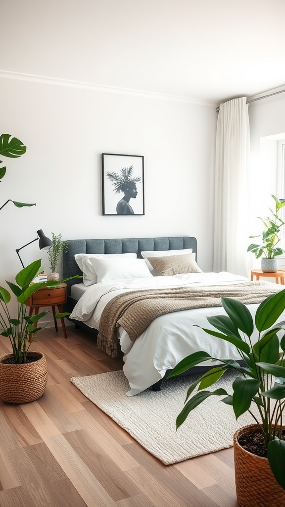 Cozy bedroom with potted plants, a comfortable bed, and warm decor.