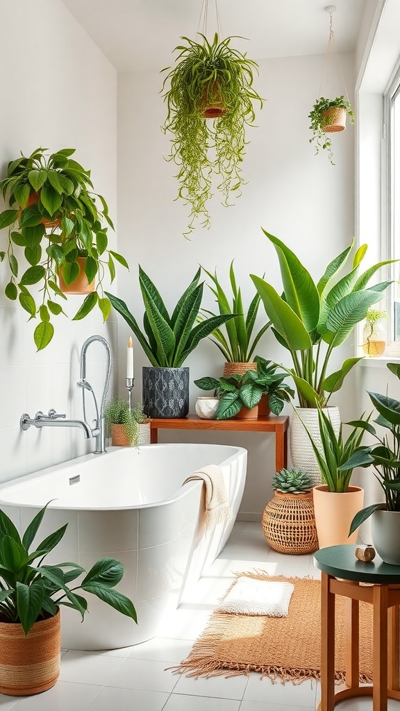 A bright bathroom filled with various indoor plants, featuring a white bathtub, wooden accents, and a cozy rug.