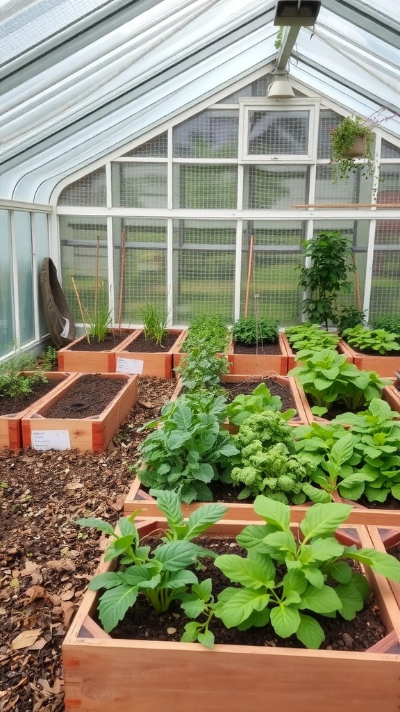 A small greenhouse featuring multiple raised garden beds filled with various plants.