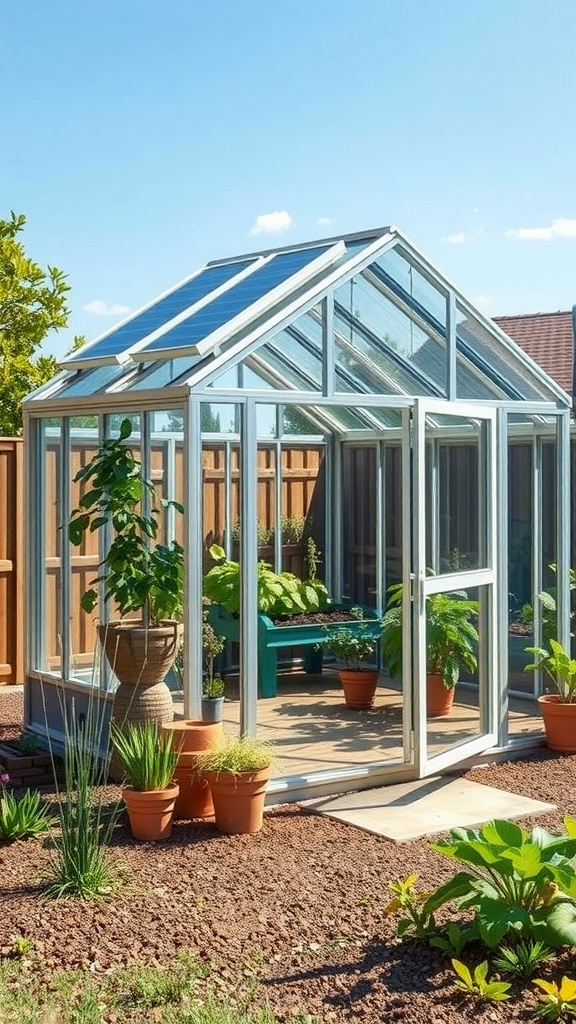 Backyard greenhouse with solar panels and potted plants