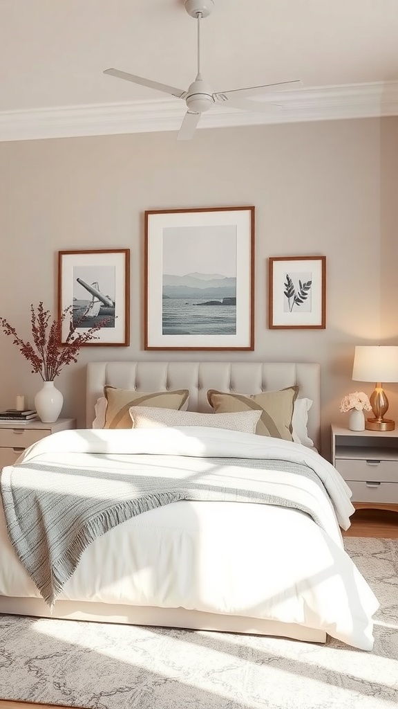 A cozy bedroom featuring a greige accent wall, a plush bed with light bedding, and framed artwork.