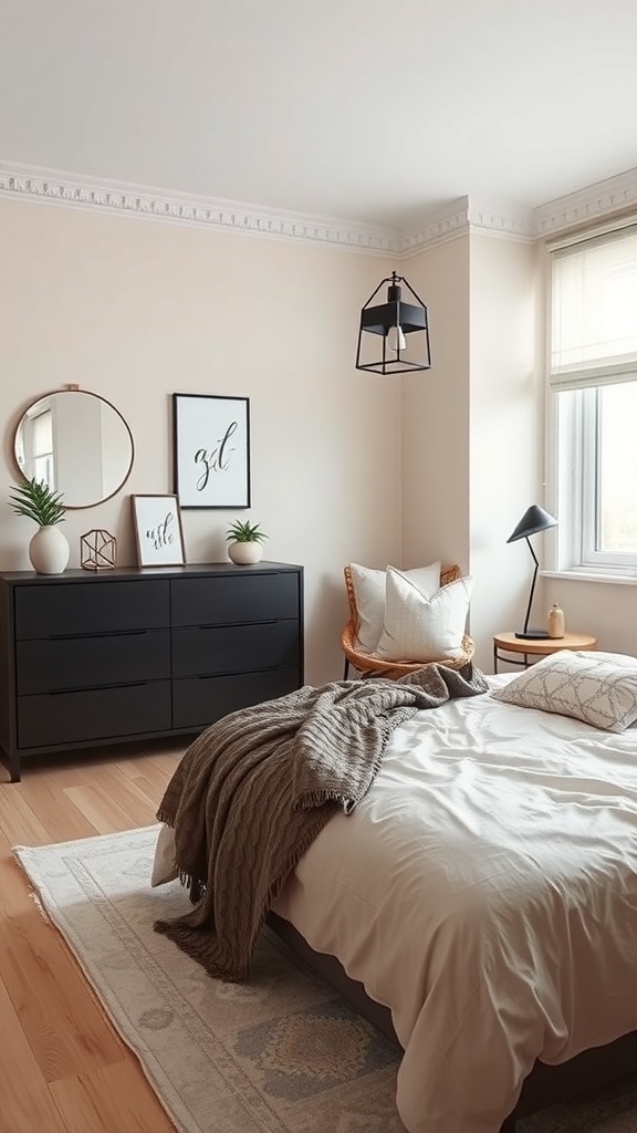 A cozy greige bedroom with a black dresser, round mirror, and soft textiles.