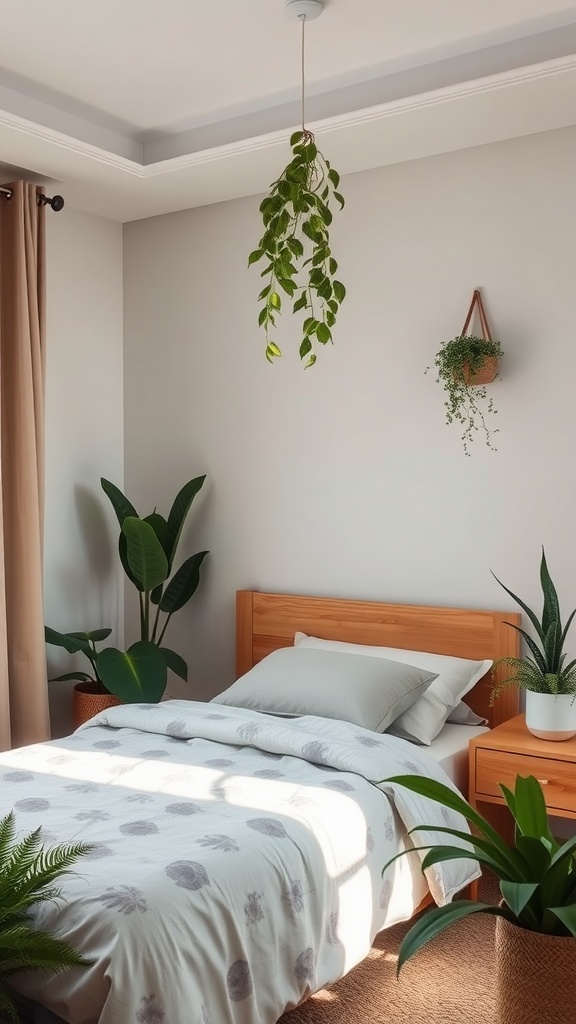A cozy greige bedroom decorated with indoor plants.