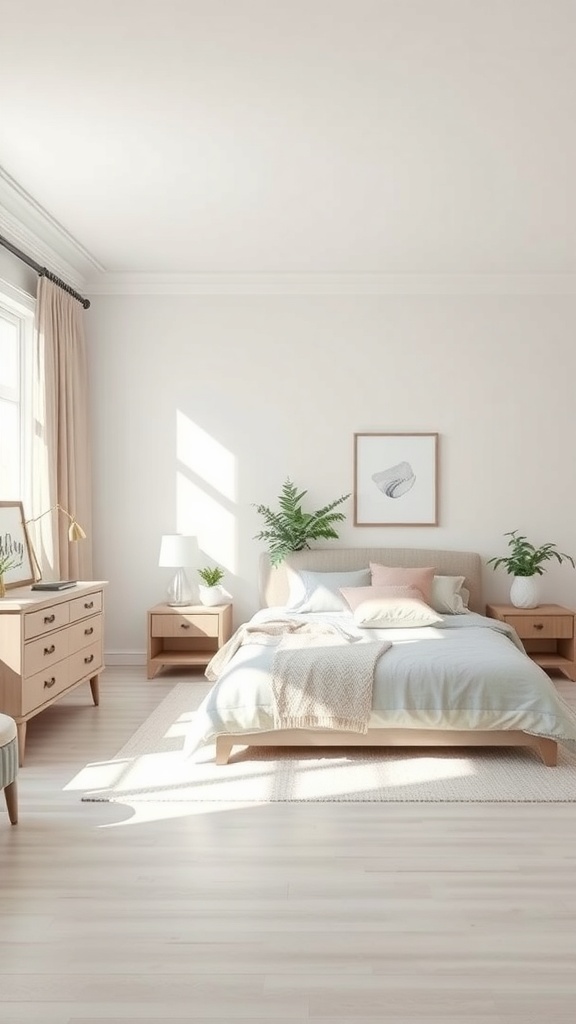 A bright and airy greige bedroom with natural light, featuring light wood furniture and plants.