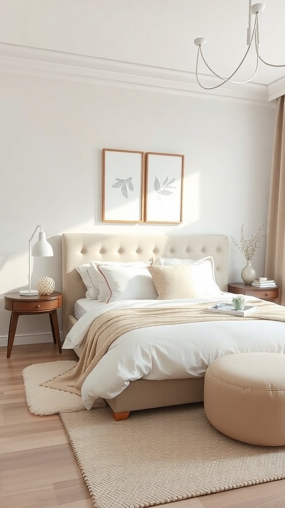 A cozy greige bedroom with pastel accents, featuring a plush bed, soft lighting, and decorative elements.