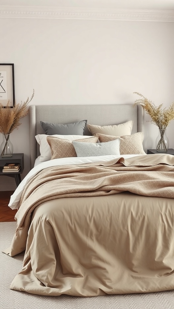 A cozy greige bedroom featuring layered bedding with pillows in various shades of gray and beige.