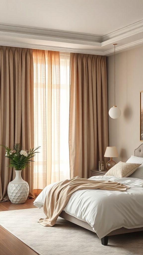 A cozy bedroom featuring greige curtains that softly filter light, a neatly made bed with light bedding, and a potted plant adding a touch of nature.