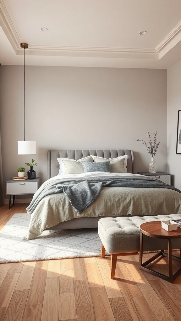 A beautifully styled bedroom featuring greige walls and light wood flooring, with a cozy bed and modern furniture.