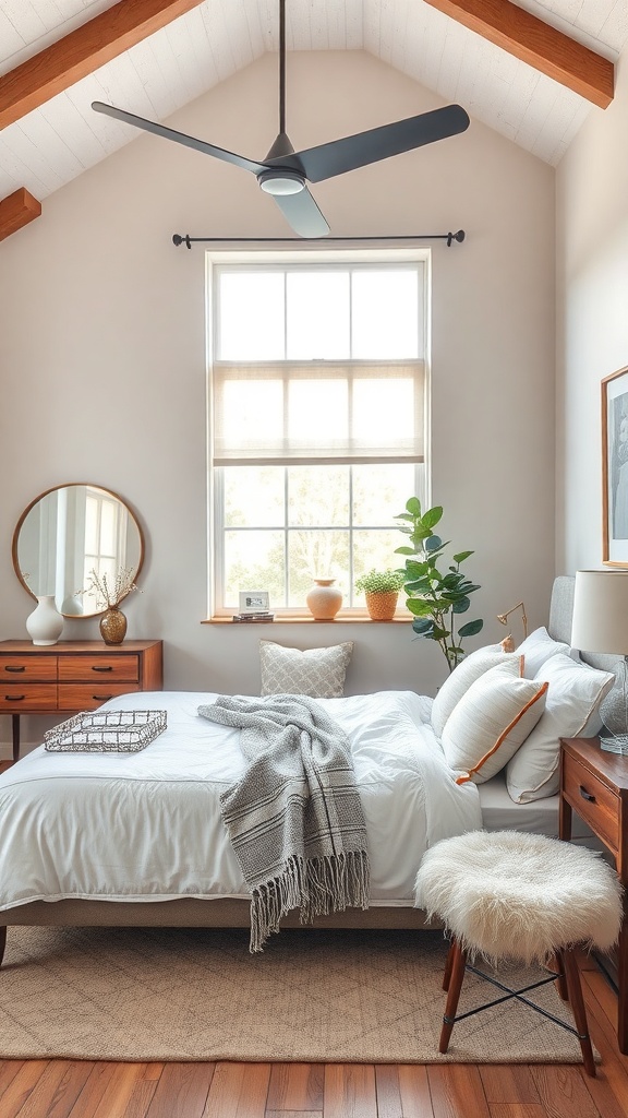 A cozy greige bedroom featuring wooden furniture, a fluffy stool, and natural light.