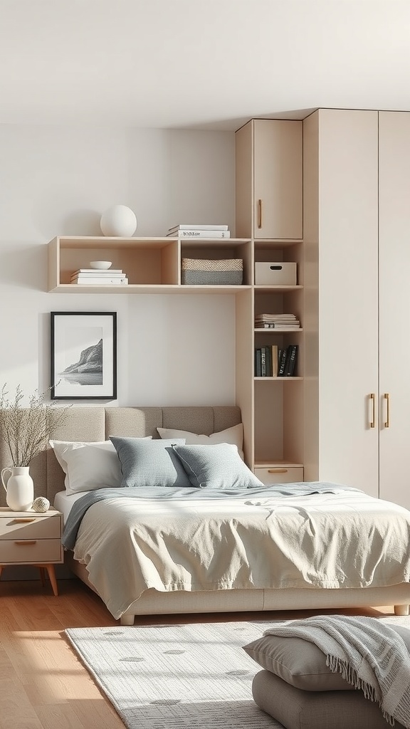 A small bedroom featuring greige tones, minimalist decor, and functional storage.