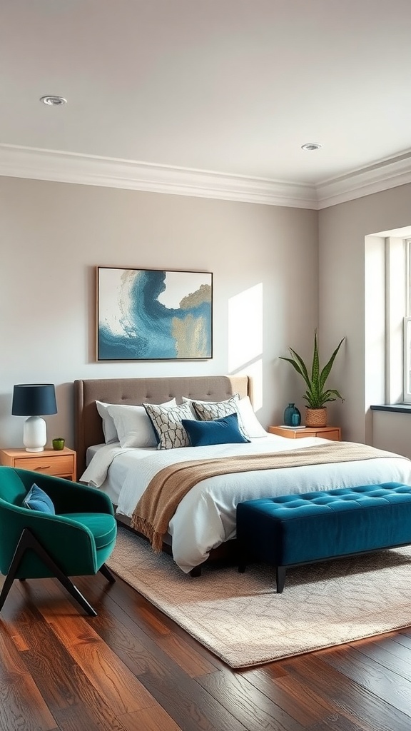 A stylish bedroom featuring greige walls with bold teal accents in furniture and decor.