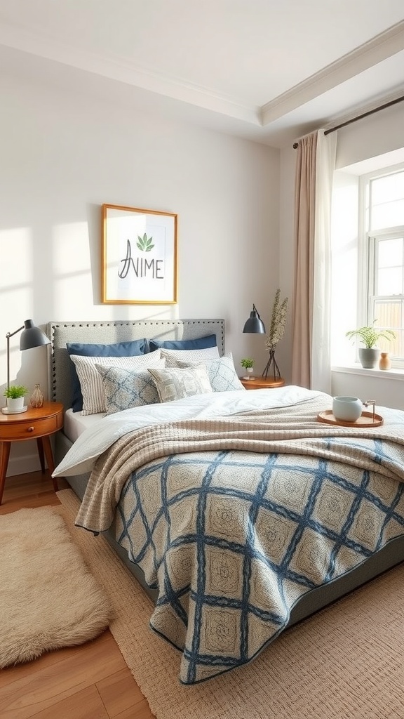 A cozy bedroom featuring greige walls and geometric patterned bedding with blue tones.