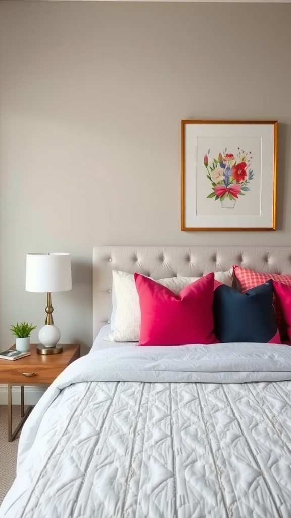 A greige bedroom featuring a tufted headboard with colorful pillows, a floral artwork, and a bedside table with a lamp.