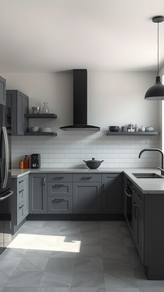 Modern grey and black kitchen with sleek cabinetry and minimalist design elements.