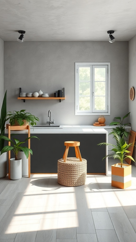 A modern kitchen featuring grey cabinetry, green plants, and wooden accents