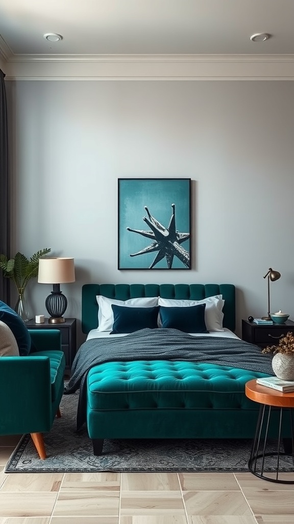 A stylish living room featuring grey walls and teal furniture, creating a cozy and inviting atmosphere.