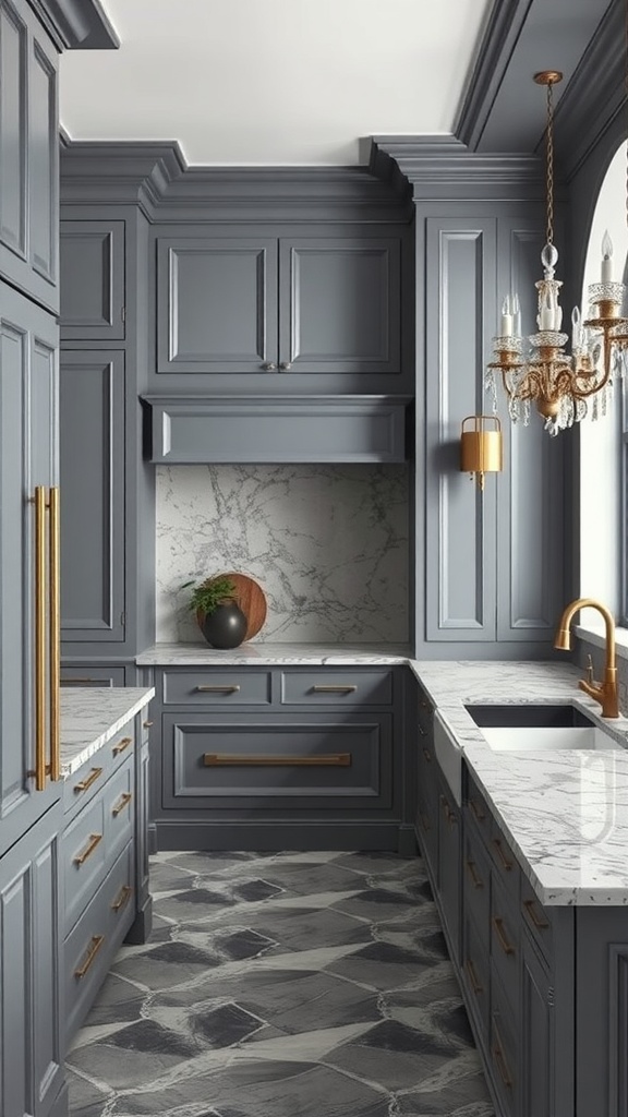 A modern grey kitchen with marble countertops, featuring gold accents and elegant lighting.