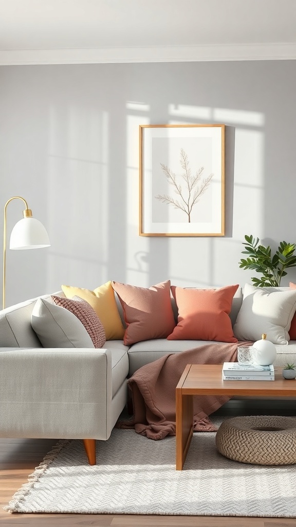 A grey living room featuring a sectional sofa with pastel cushions, a wooden coffee table, and a plant.