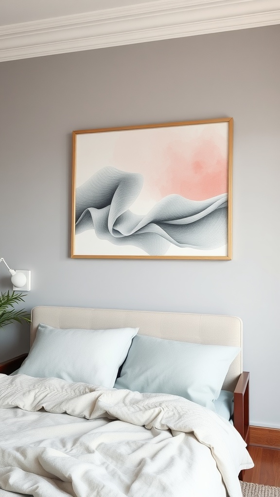 Artwork in shades of grey and pink mounted above a bed in a cozy bedroom.