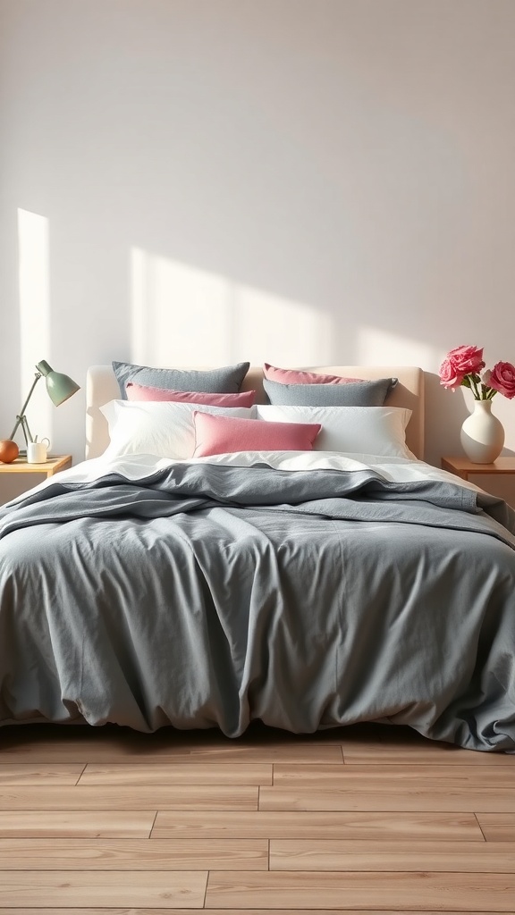 A cozy bedroom featuring a grey and pink bedding set with pillows and a vase of flowers.
