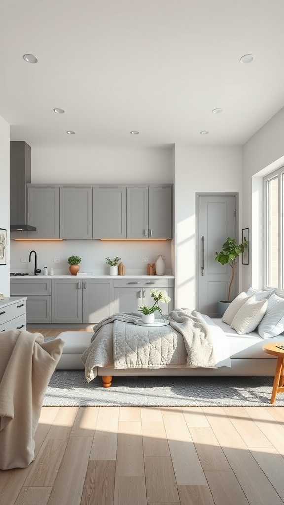 Open concept kitchen and living area featuring grey cabinets, white walls, and a cozy seating area with natural light.