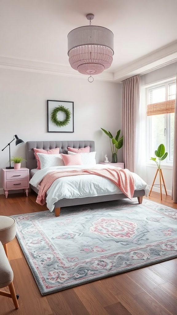 A stylish bedroom featuring a grey area rug with pink accents, a grey bed, and soft lighting.