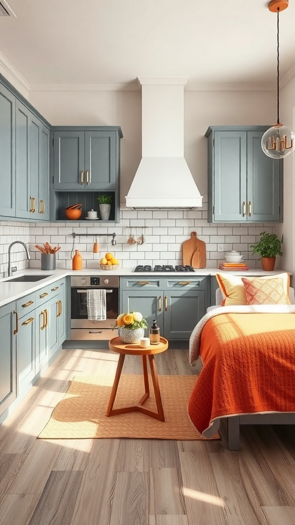 A modern kitchen featuring grey cabinets and colorful orange accessories.