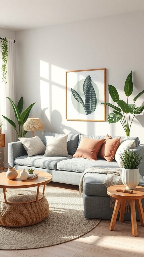 Living room featuring a grey couch with nature-inspired decor, including plants and wooden furniture.