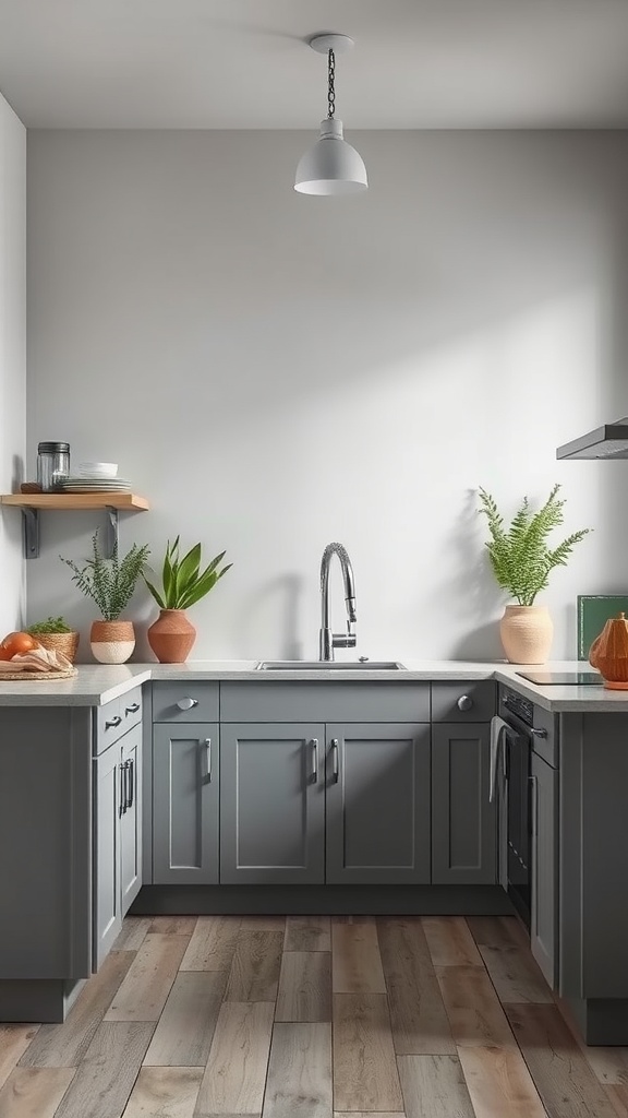 A grey kitchen with plants in terracotta pots and light wooden flooring.