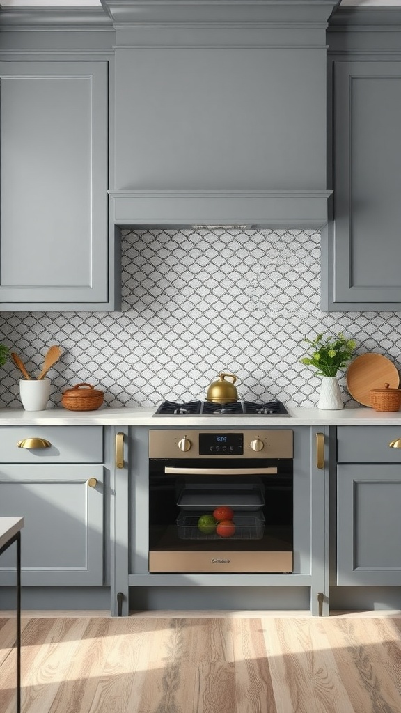 A modern grey kitchen featuring a bold patterned backsplash, gas stove, and gold handles.