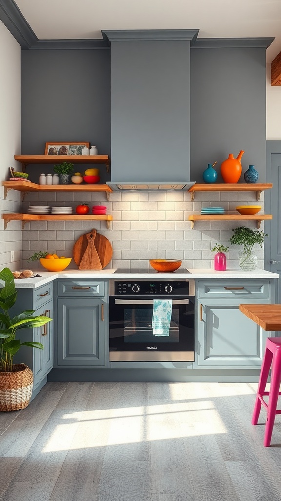 A modern grey kitchen with colorful accents featuring orange and teal kitchenware on open shelves.
