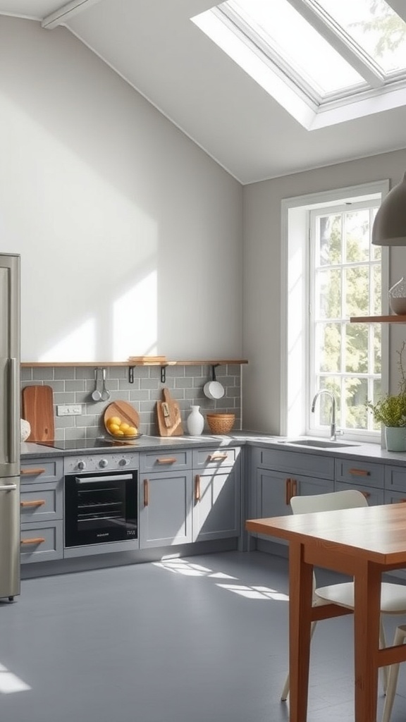 A modern grey kitchen with natural light from skylights and large windows.