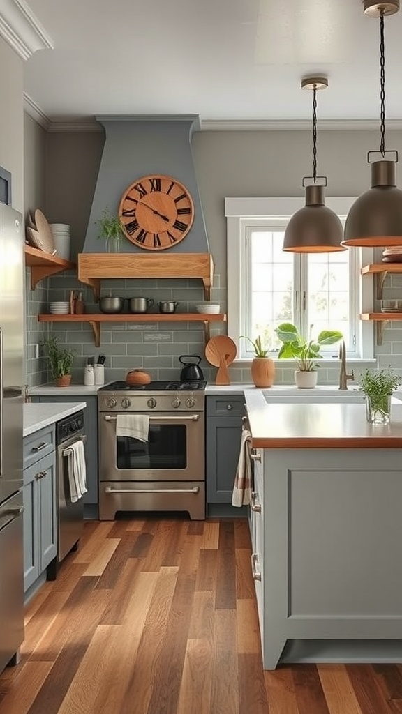 A stylish grey kitchen featuring rustic wooden accents, open shelving, and natural light.