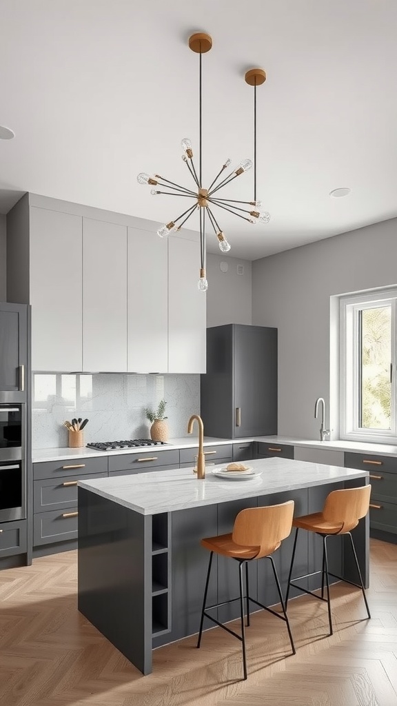 Modern grey kitchen featuring a statement starburst light fixture and a stylish island with bar stools.