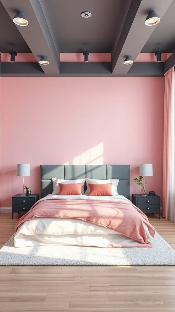 A modern bedroom featuring pink walls and grey lighting fixtures